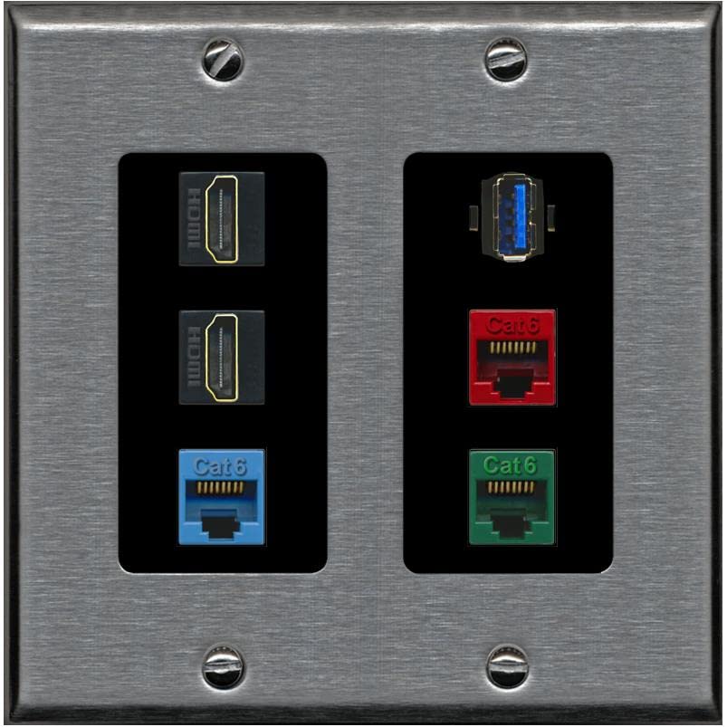RiteAV 2 HDMI 3 Cat6 Ethernet USB3 Mixed Color Wall Plate - 2 Gang [Stainless/Black]