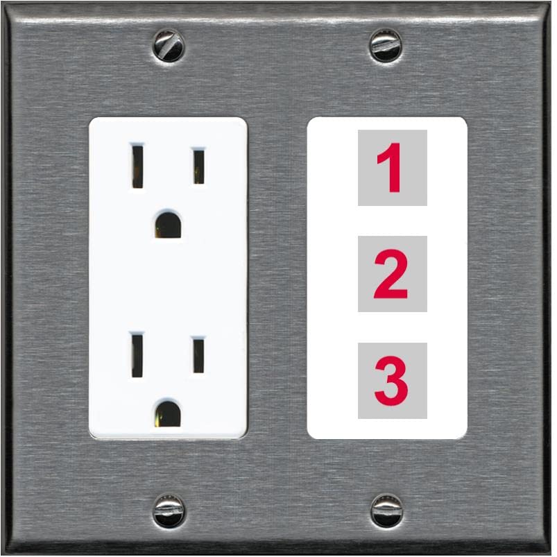 RiteAV Custom Wall Plate 3 Port - Outlet [Stainless/White]