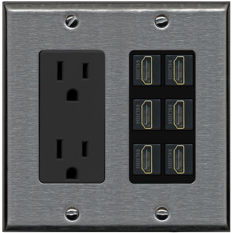 RiteAV HDMI Wall Plate 6 Port - Outlet [Stainless/Black]