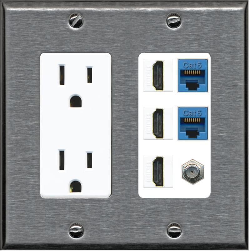 RiteAV 3 HDMI Wall Plate 2 Cat6 1 Coax - Outlet [Stainless/White]