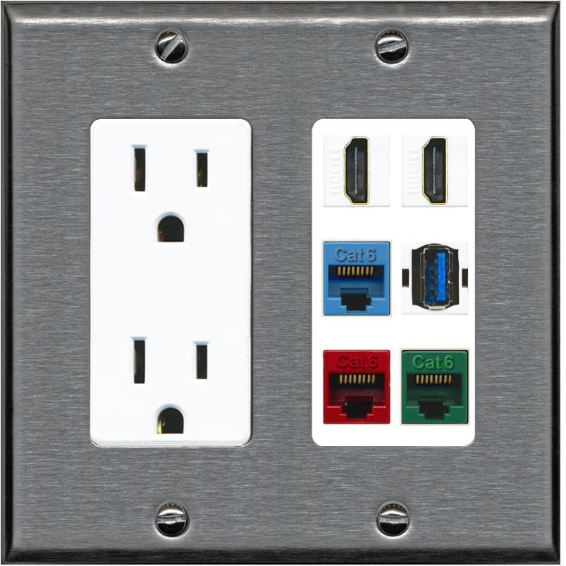 RiteAV 2 HDMI 3 Cat6 Ethernet USB3 Mixed Color Wall Plate - Outlet [Stainless/White]