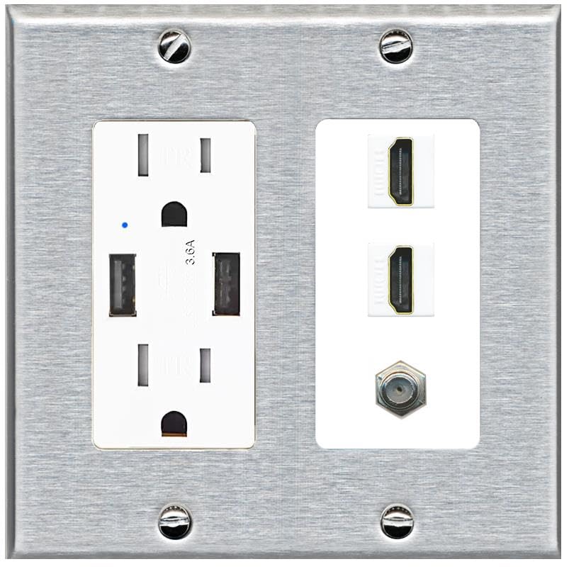 Coax 2 HDMI Wall Plate-USB Charger Stainless/White