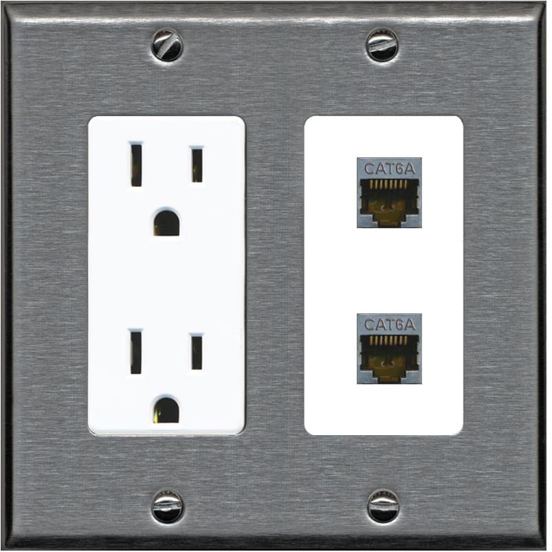 RiteAV 2 Port Cat6A Wall Plate - Outlet [Stainless/White]