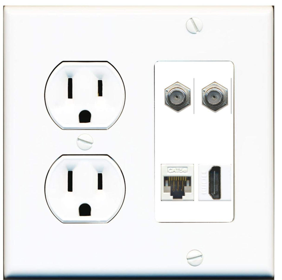 15 Amp Round Power Outlet 2 Coax Cat5e Ethernet HDMI Wall Plate White