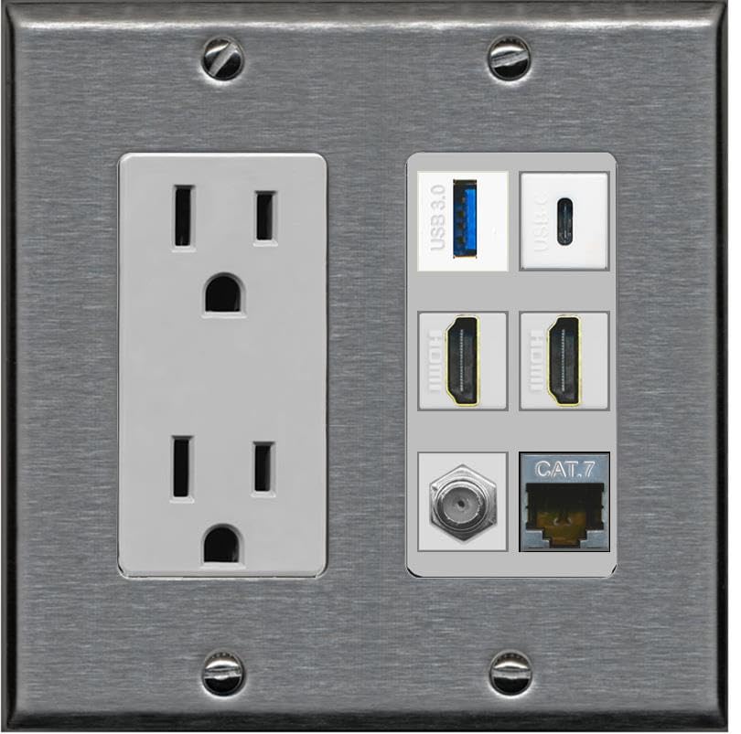 RiteAV USB 3 USB C 2 HDMI Coax Cat7 Wall Plate - Outlet [Stainless/Gray]