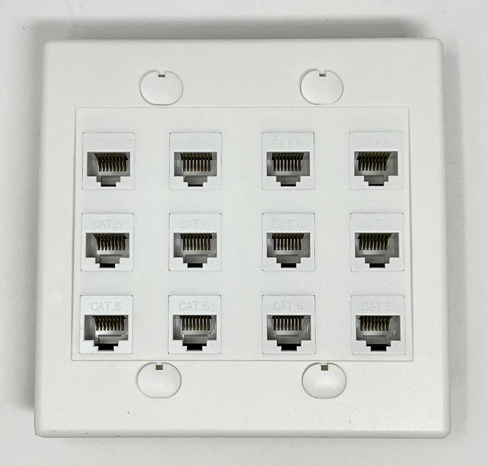 RiteAV 12 Port Flat Dual 2 Gang Ethernet Cat6 RJ45 Network Wall Plate - White