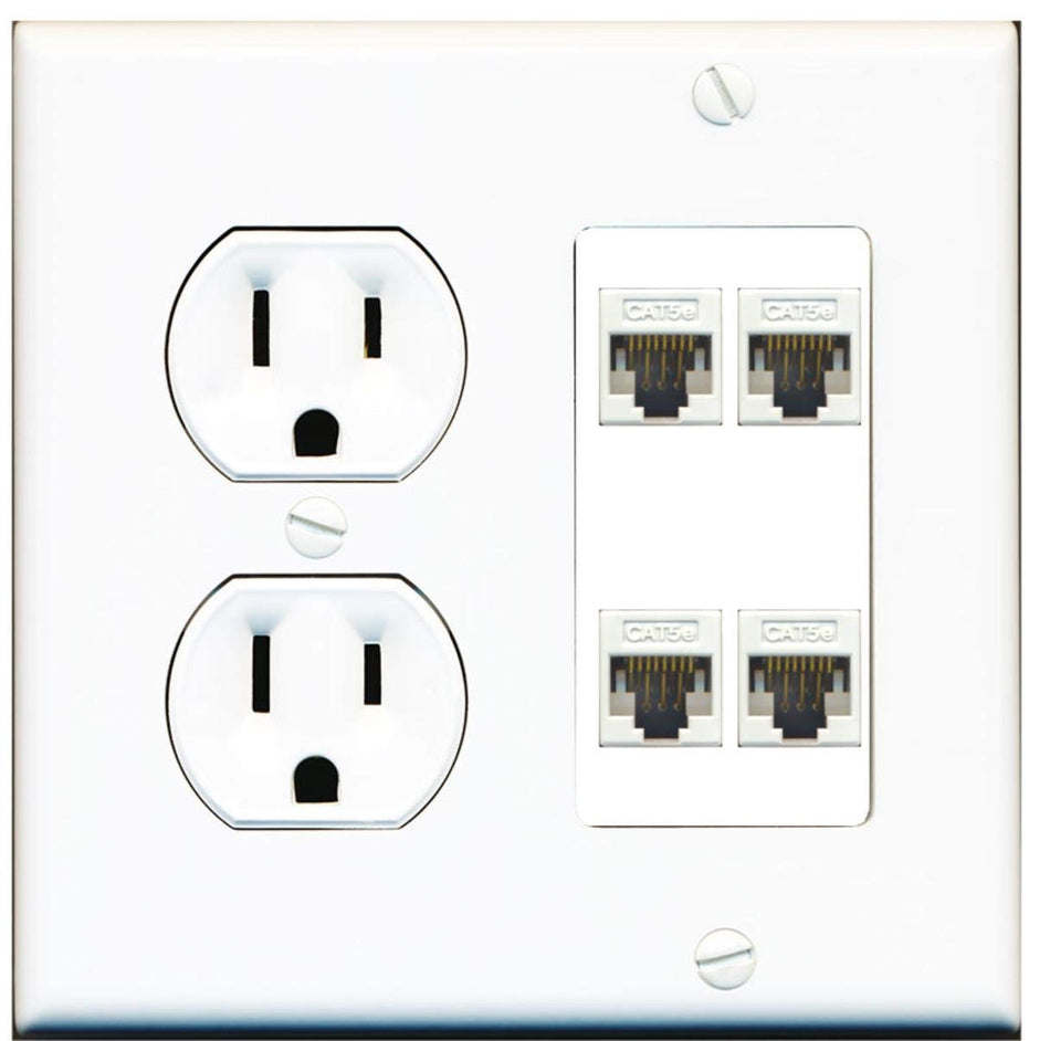 15 Amp Duplex Round Power Outlet 4 Port Cat5e Ethernet Wall Plate White