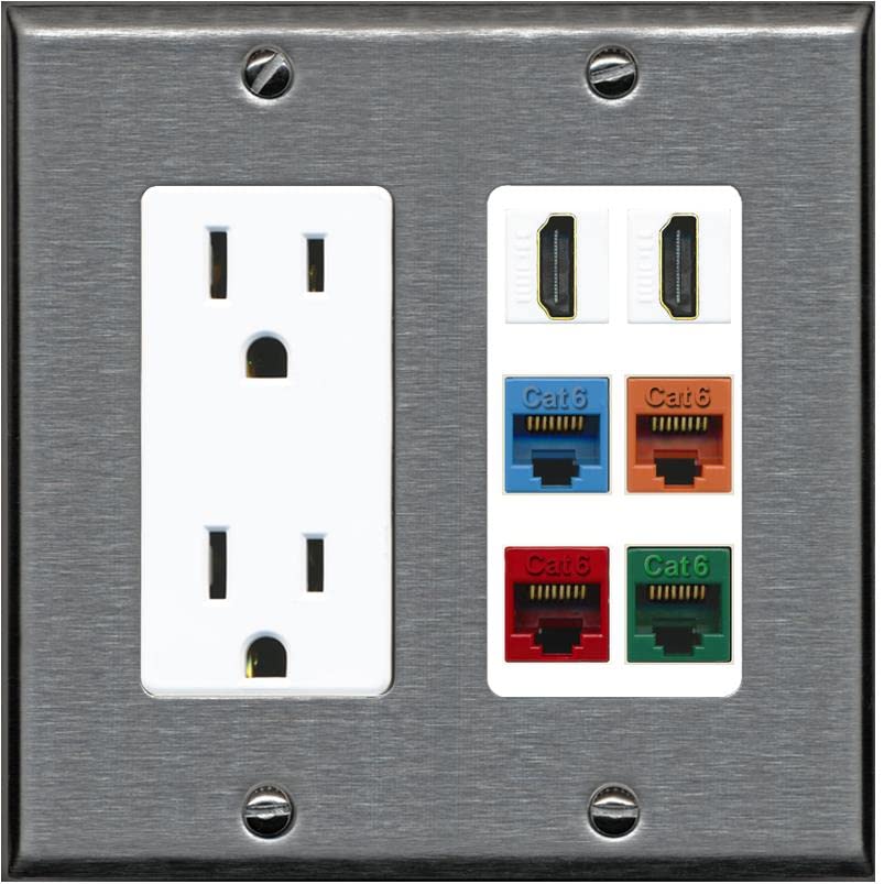 RiteAV 2 HDMI 4 Cat6 Ethernet Mixed Color Wall Plate - Outlet [Stainless/White]