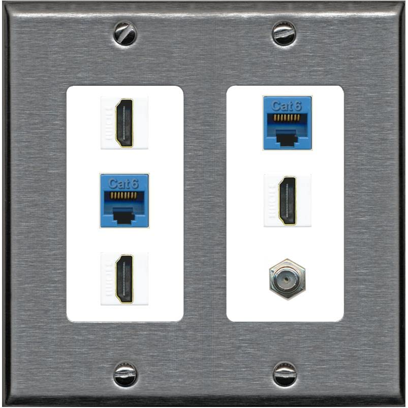 RiteAV 3 HDMI Wall Plate 2 Cat6 1 Coax - 2 Gang [Stainless/White]