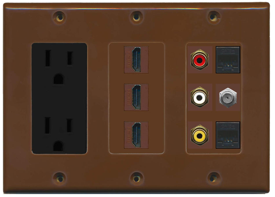 RiteAV Power 3 Port HDMI Composite 3-RCA A/V 2 Cat5e Ethernet Coax TV Wall Plate - Brown