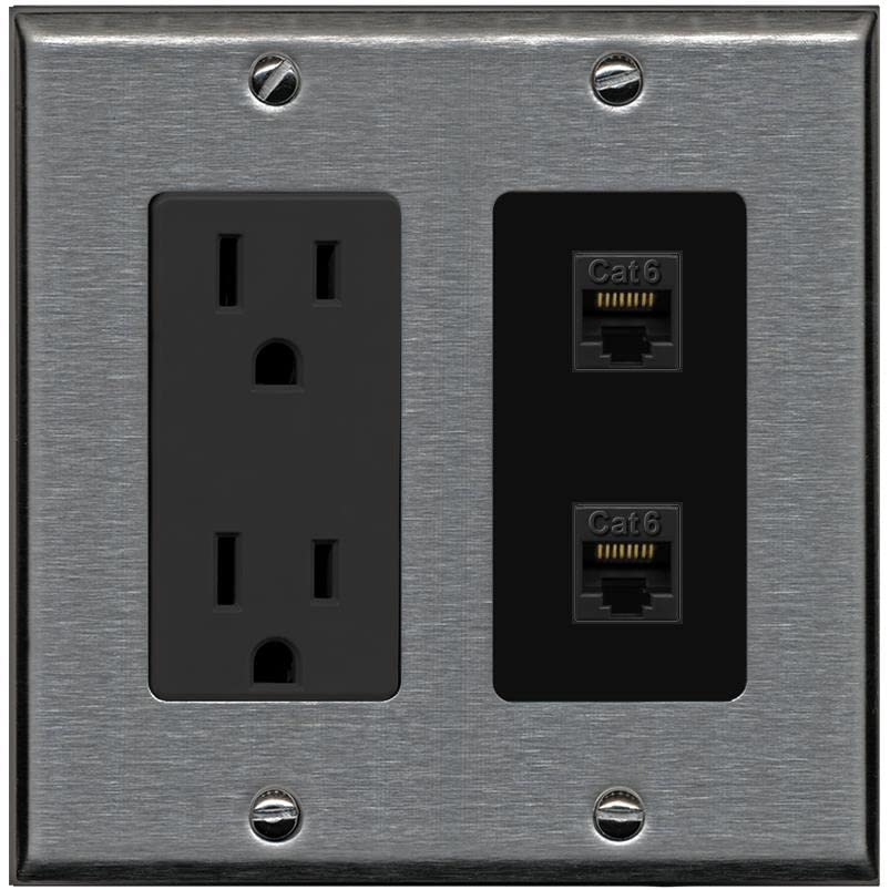 RiteAV 2 Port Cat6 Ethernet Wall Plate - Outlet [Stainless/Black]