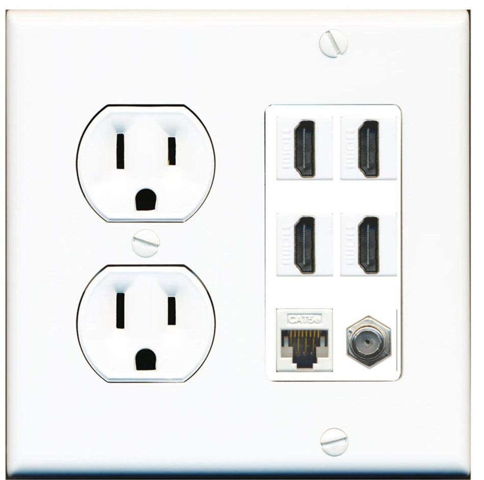 Round Power Outlet 4 Port HDMI 1 Coax Cable TV- F-Type Cat5e Ethernet Wall Plate