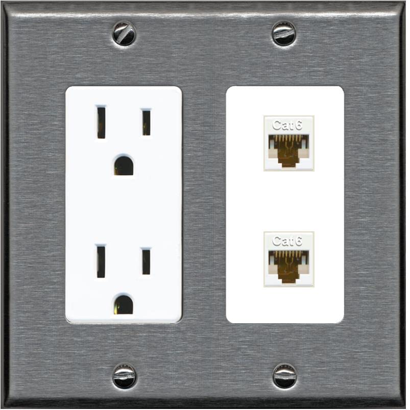RiteAV 2 Port Cat6 Ethernet Wall Plate - Outlet [Stainless/White]