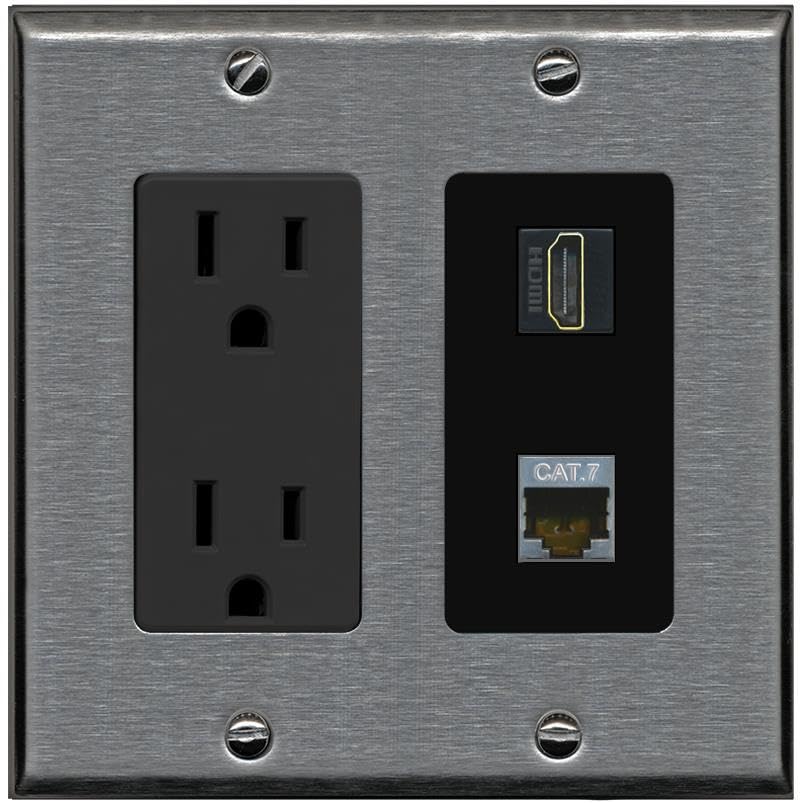 RiteAV HDMI and Cat7 Wall Plate - Outlet [Stainless/Black]