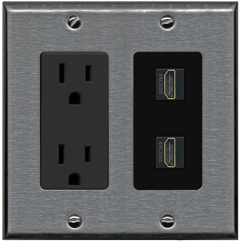 RiteAV HDMI Wall Plate 2 Port - Outlet [Stainless/Black]