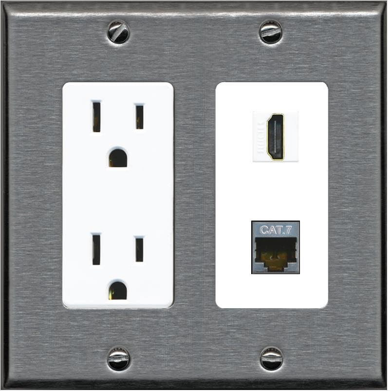 RiteAV HDMI and Cat7 Wall Plate - Outlet [Stainless/White]