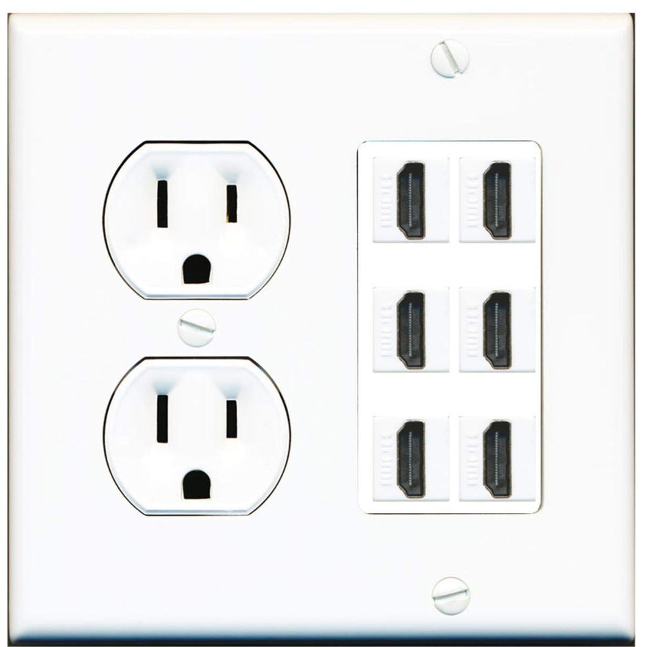 15 Amp Round Power Outlet 6 Port HDMI A/V Wall Plate White