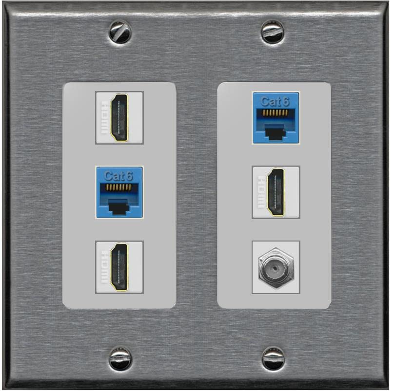 RiteAV 3 HDMI Wall Plate 2 Cat6 1 Coax - 2 Gang [Stainless/Gray]