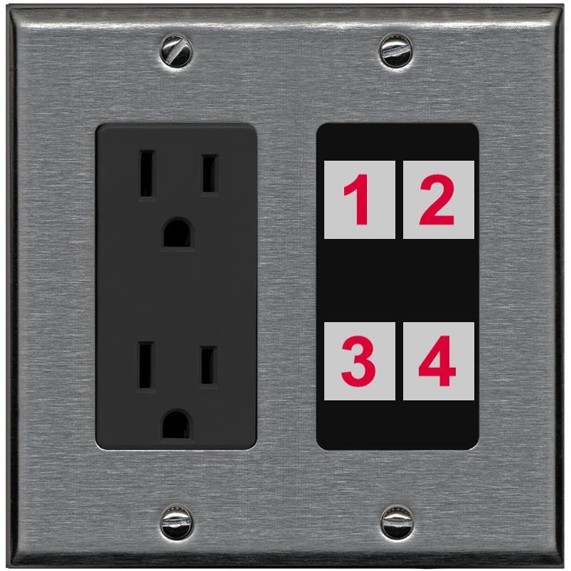 RiteAV Custom 4 Port Custom Wall Plate - Outlet [Stainless/Black]