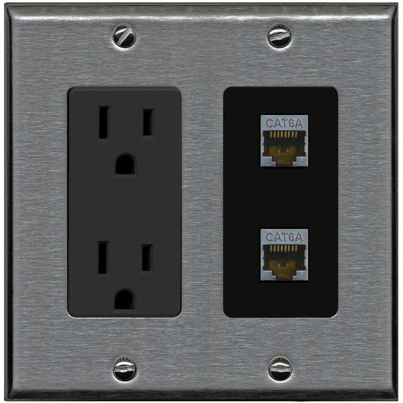 RiteAV 2 Port Cat6A Wall Plate - Outlet [Stainless/Black]