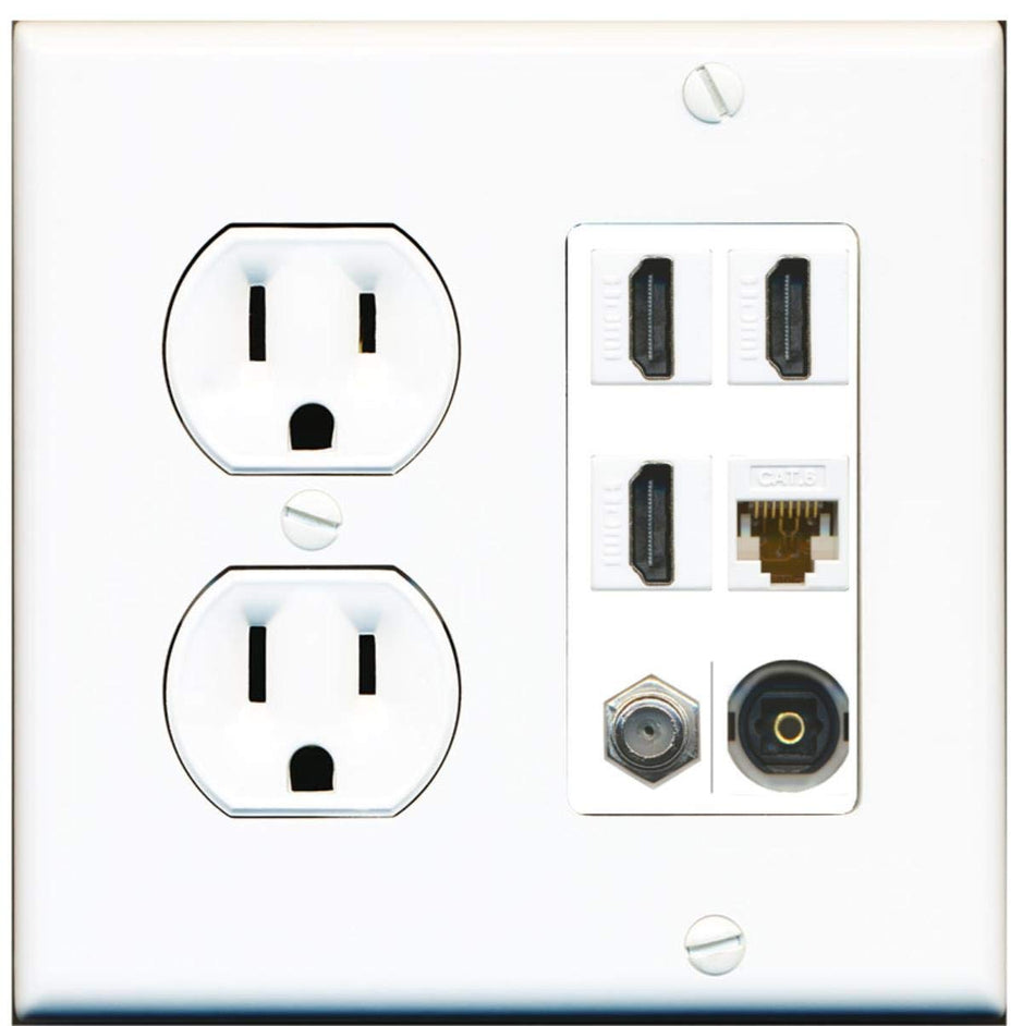 15 Amp Round Power Outlet 3 Port HDMI 1 Cat6 Coax Cable TV Toslink Wall Plate