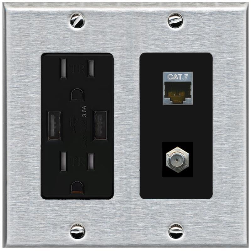 RiteAV Coax and Cat7 Wall Plate - USB Charger [Stainless/Black]