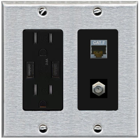 RiteAV Coax and Cat7 Wall Plate - USB Charger [Stainless/Black]