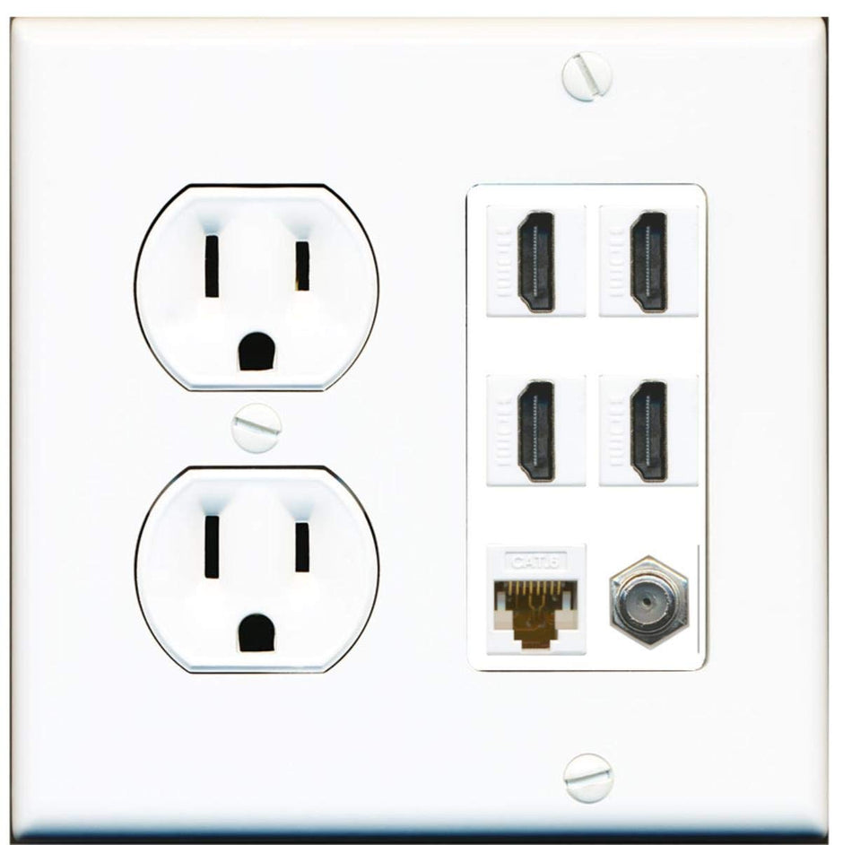 Round Power Outlet 4 Port HDMI 1 Coax Cable TV- F-Type Cat6 Ethernet Wall Plate