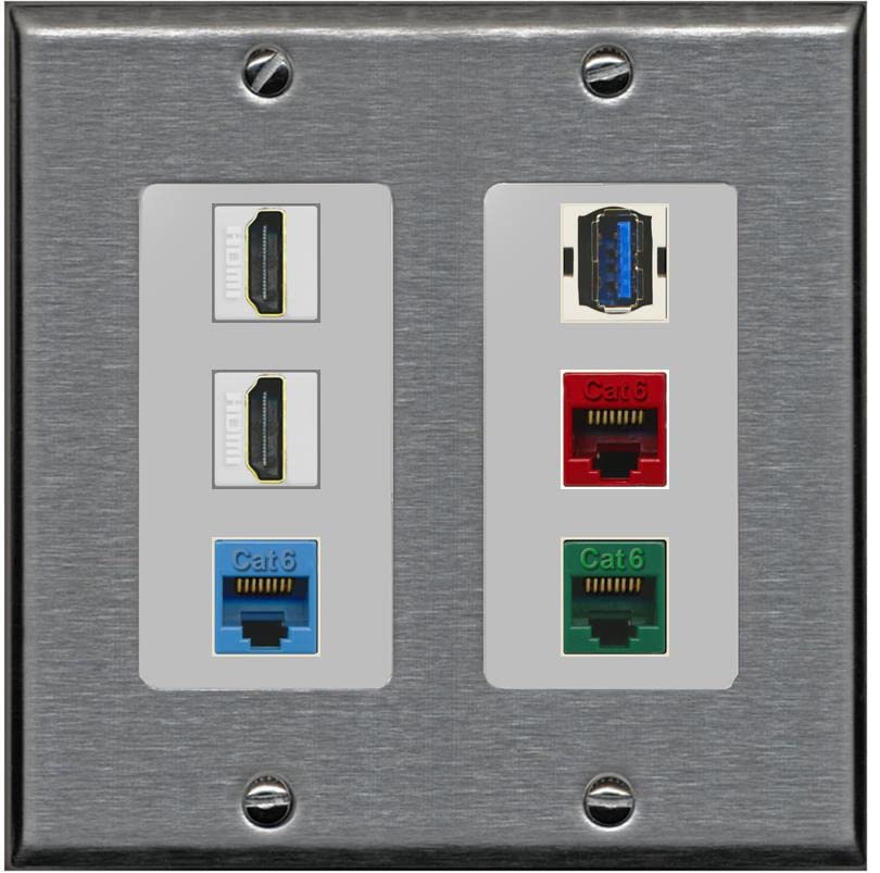 RiteAV 2 HDMI 3 Cat6 Ethernet USB3 Mixed Color Wall Plate - 2 Gang [Stainless/Gray]