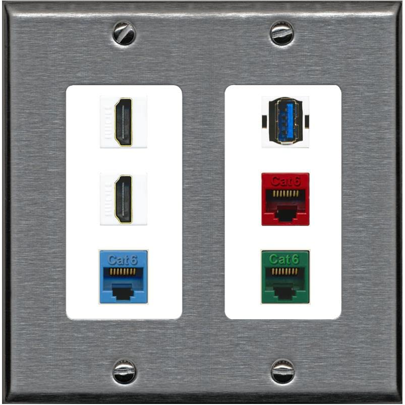 RiteAV 2 HDMI 3 Cat6 Ethernet USB3 Mixed Color Wall Plate - 2 Gang [Stainless/White]
