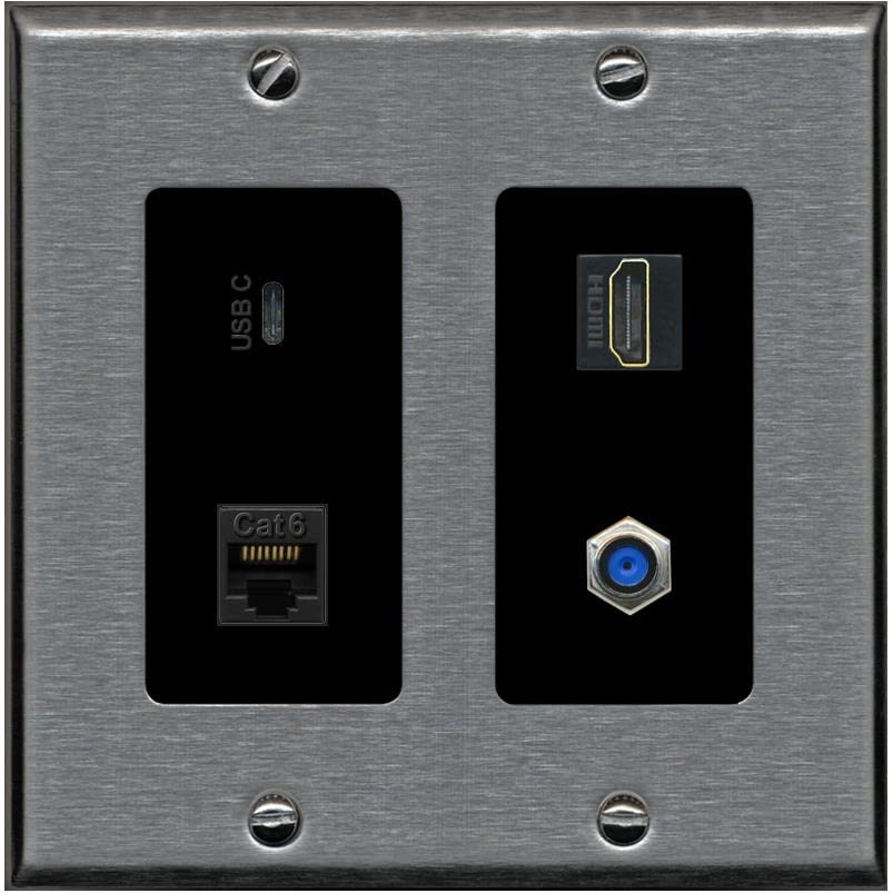 RiteAV USBC HDMI Cat6 Coax F81 Wall Plate - 2 Gang [Stainless/Black]