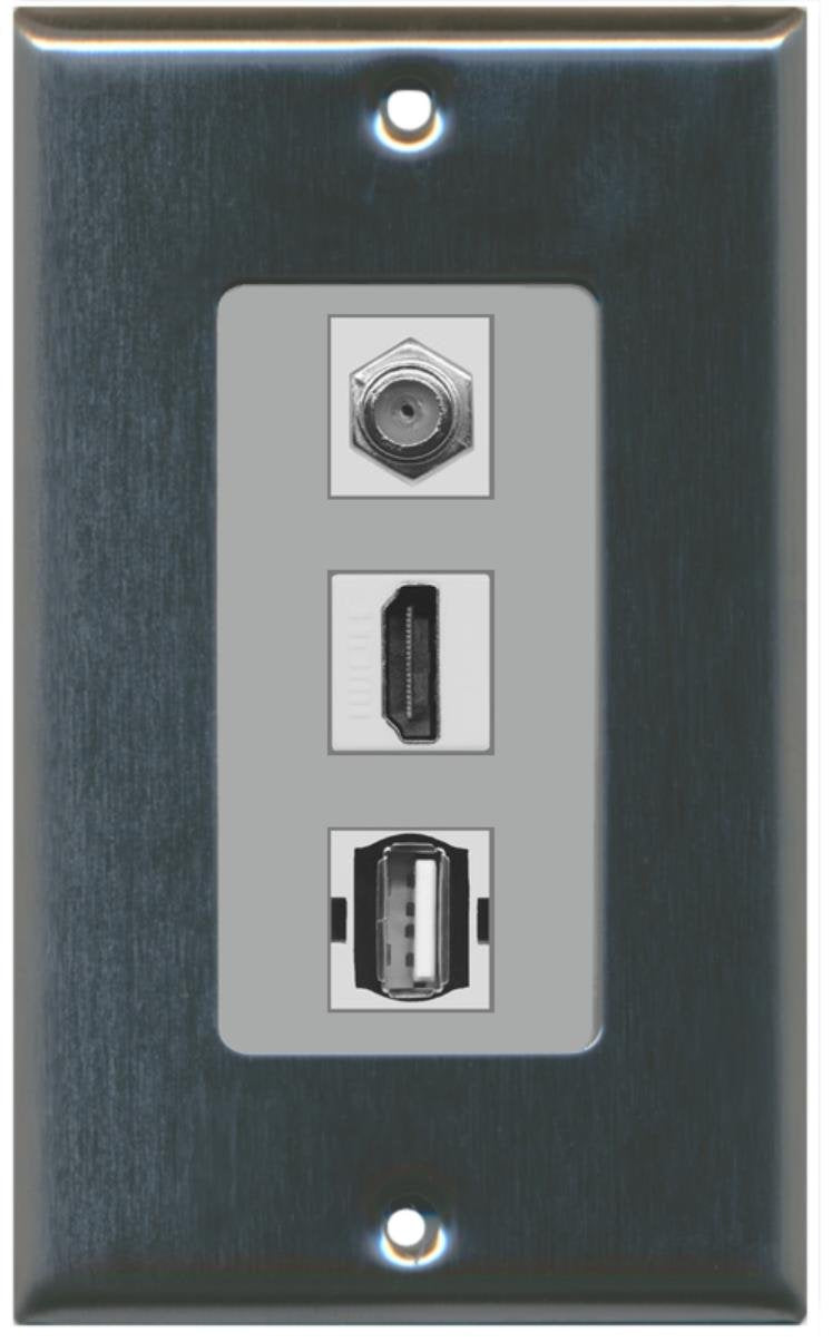 RiteAV - 1 Port HDMI and 1 Port Coax Cable TV- F-Type and 1 Port USB A-A Decorative Wall Plate - Stainless Steel/Gray