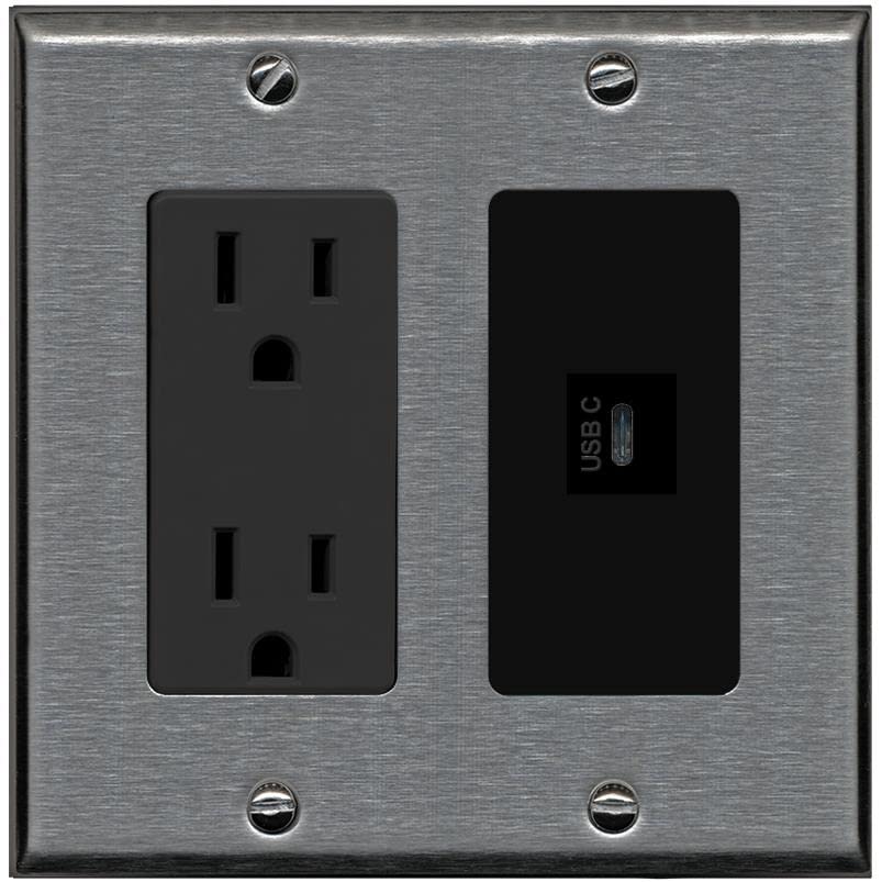 RiteAV USBC Wall Plate - Outlet [Stainless/Black]