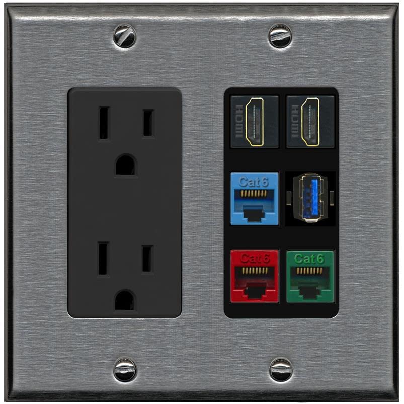 RiteAV 2 HDMI 3 Cat6 Ethernet USB3 Mixed Color Wall Plate - Outlet [Stainless/Black]