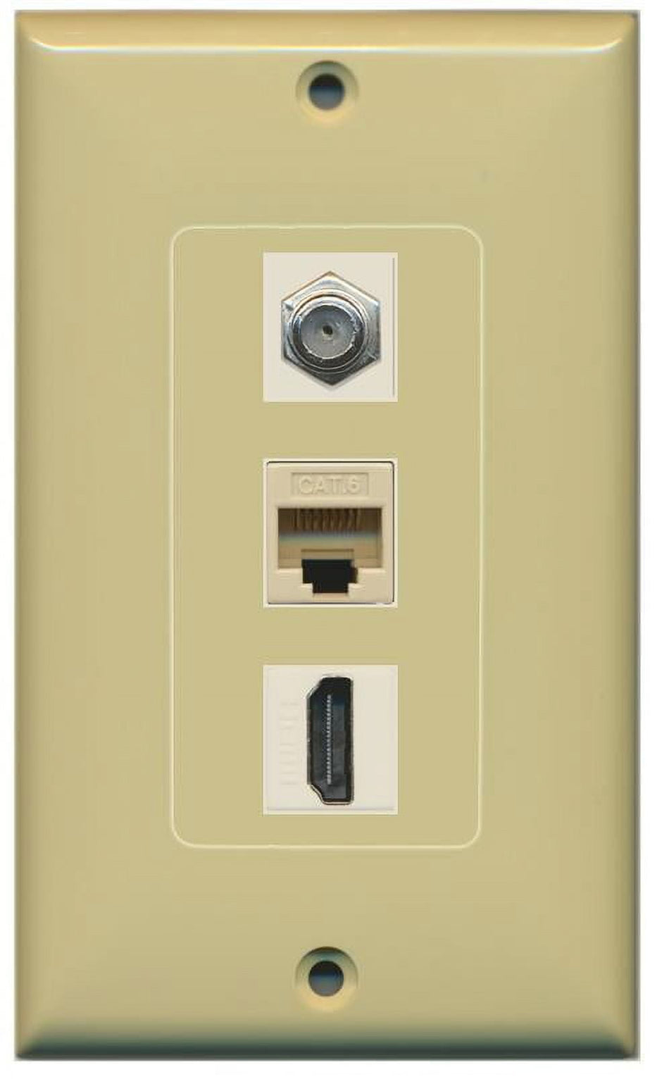 RiteAV Decorative 1 Gang Wall Plate (Ivory/Ivory) 3 Port - Coax (Ivory) Cat6 (Ivory) HDMI (Ivory)