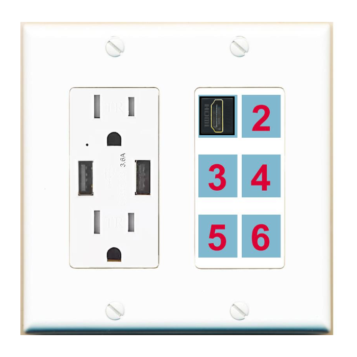 Custom Wall Plate 2 x USB-Charger + Tamper Resistant 15 Amp Power Outlet White with up to 6 Keystone Ports