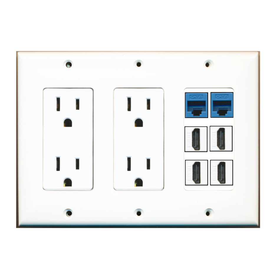 6 Port Custom Keystone Wall Plate w/Dual DecorZ Power Outlet White