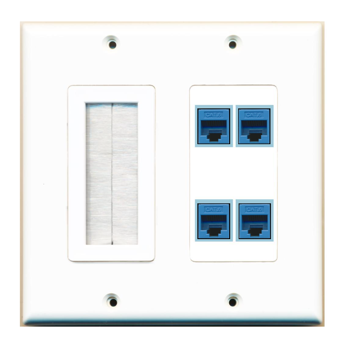 4 Port Custom Keystone Wall Plate 2 Gang DecorZ White w/Brush Insert