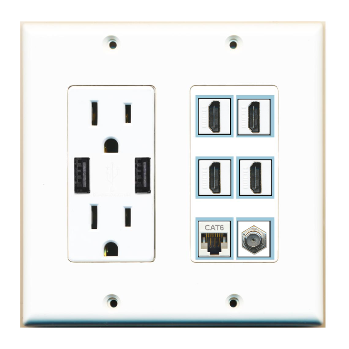 6 Port Custom Keystone Wall Plate w/2 USB Charger Power Outlet