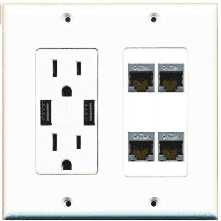 RiteAV USB Charger Outlet 15A/125V with Dual 3.6A USB Charging Ports and 4 x Shielded Cat6A Decorative White Wall Plate