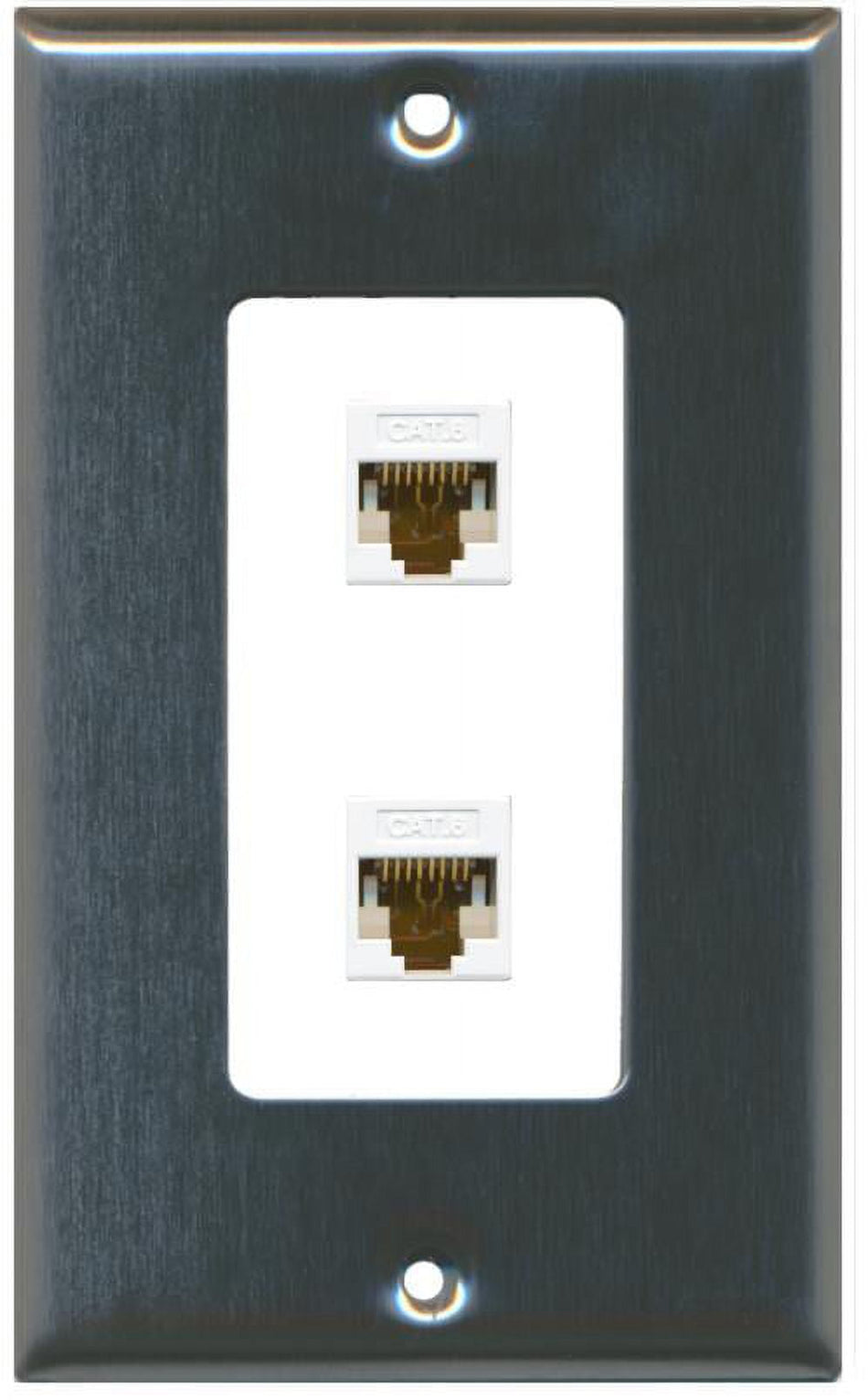 RiteAV Decorative 1 Gang 2 Port Cat6 Wall Plate - Stainless/White - Bracket Included