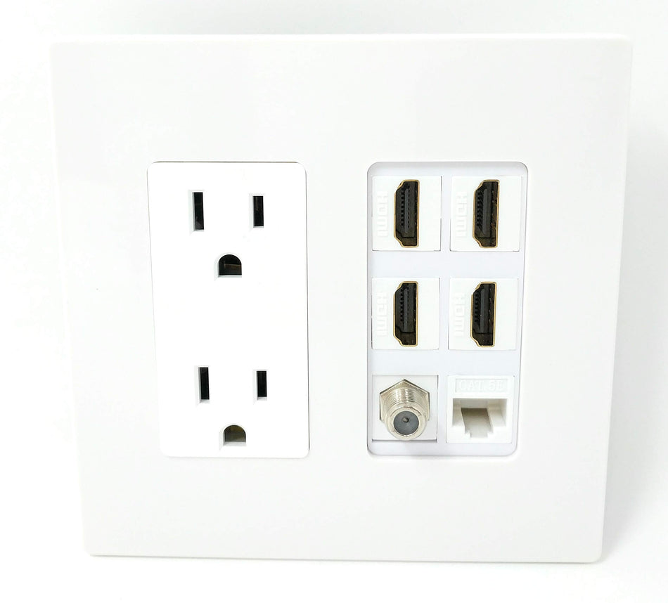 RiteAV 15A Power Outlet 4 Port HDMI 1 x Cat5E Ethernet 1 Coax Cable TV [Screwless] Wall Plate [White/White]