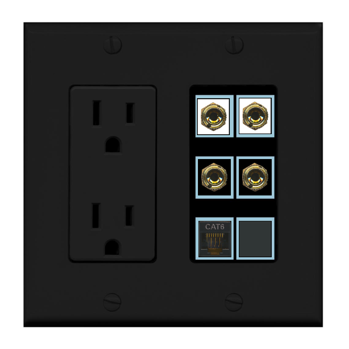 6 Port Custom Keystone Wall Plate w/DecorZ Power Outlet Black