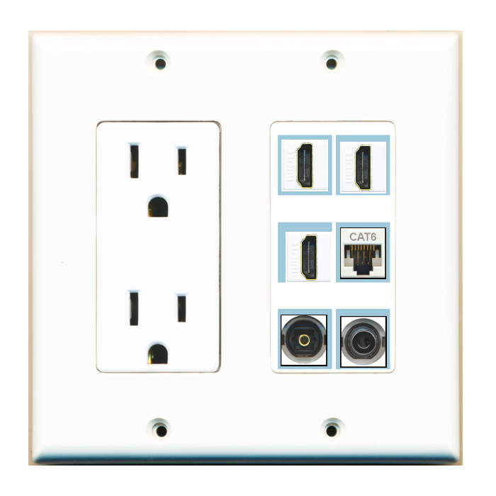 6 Port Custom Keystone Wall Plate w/DecorZ Power Outlet White