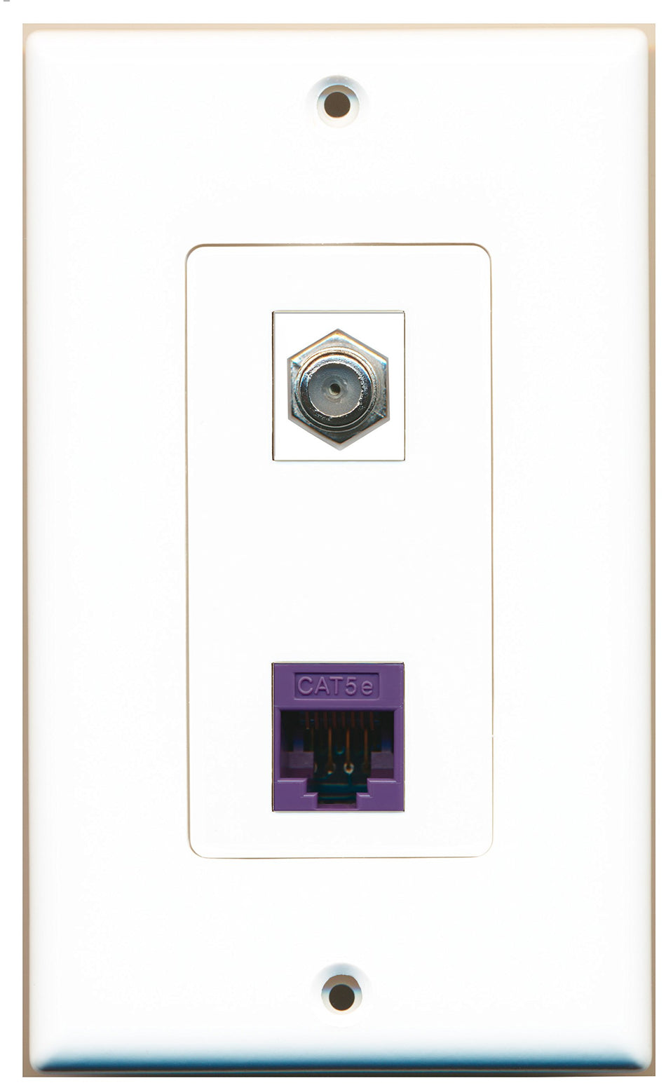 RiteAV 1 Port Coax Port Cable TV F Type 1 Port Cat5e Ethernet Purple Wall Plate OVERSIZED White
