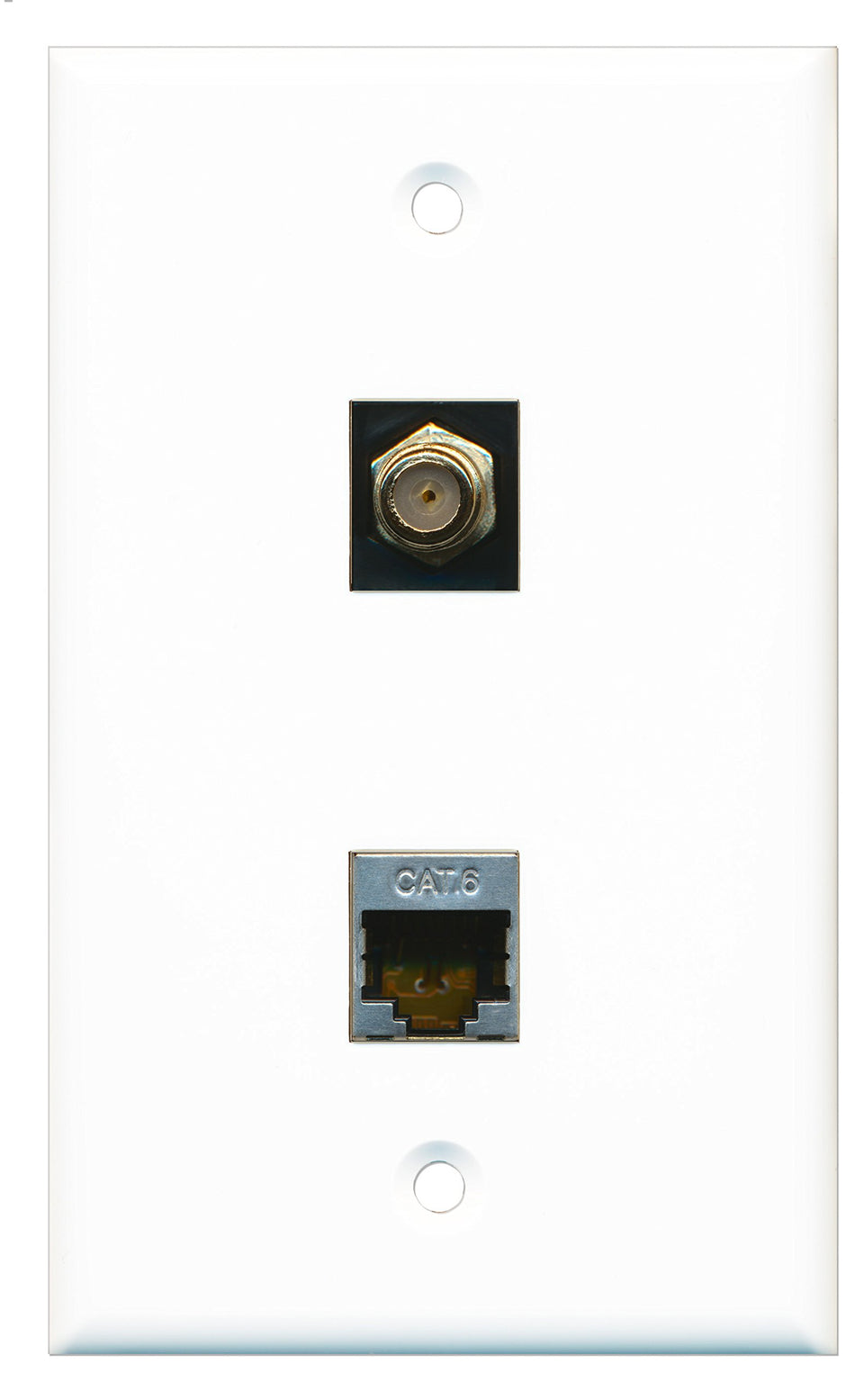 RiteAV - Shielded Cat6 Ethernet and Black Cable TV (Coax, F-Type) Wall Plate - White - Bracket Included