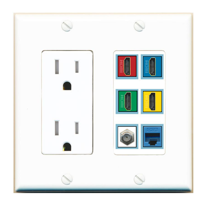 6 Port Custom Keystone Wall Plate with Tamper Resistant DecorZ Power Outlet
