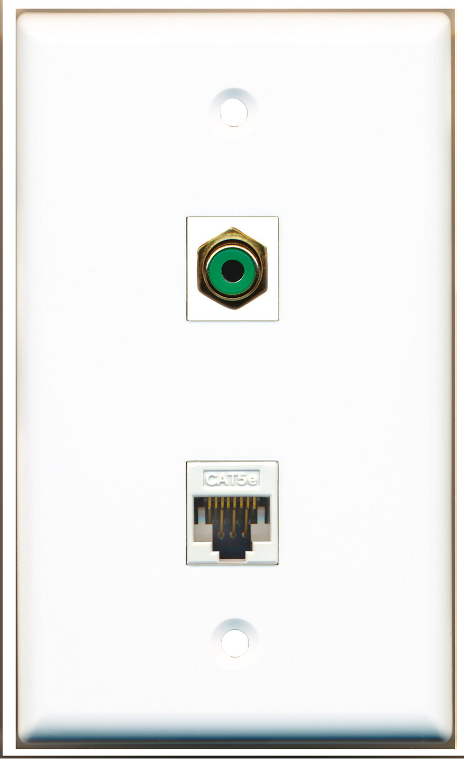 RiteAV 1 RCA Green Subwoofer Audio 1 Cat5e White Ethernet Port Wall Plate - Bracket Included
