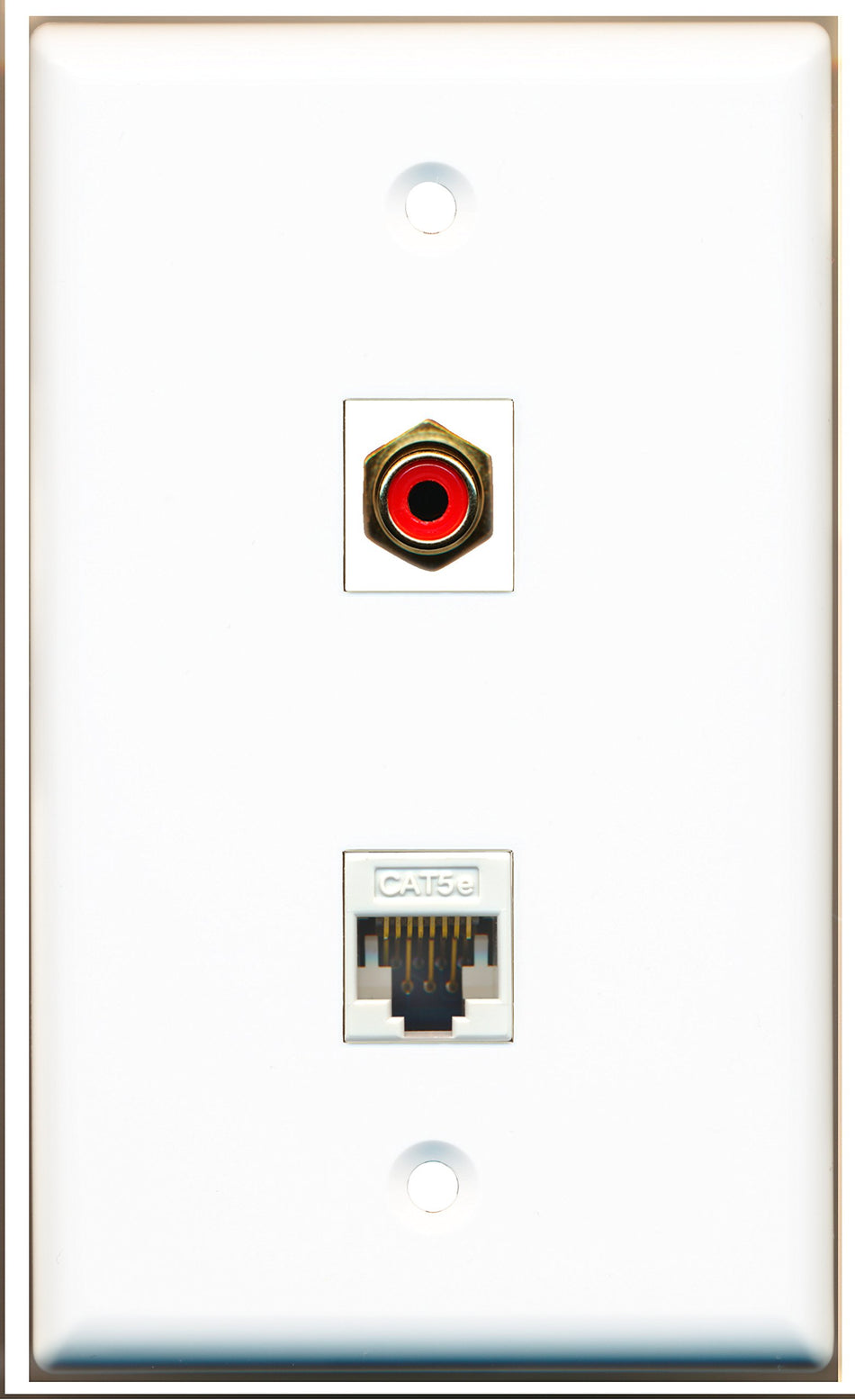 RiteAV 1 RCA Red for Subwoofer Audio - 1 Cat5e White Ethernet Port Wall Plate - Bracket Included