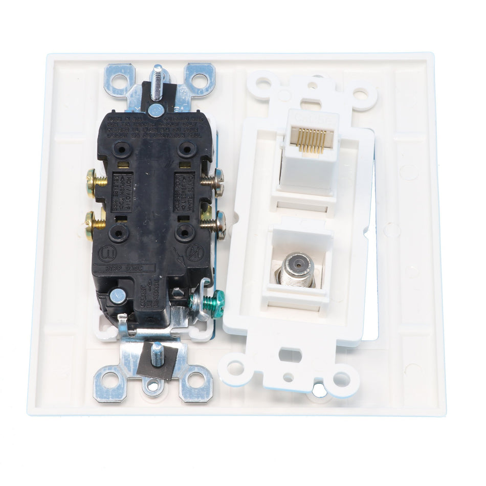 RiteAV - 2 x 15 Amp 125V Power Outlets 1 Cat5e Ethernet and 1 Coax Wall Plate